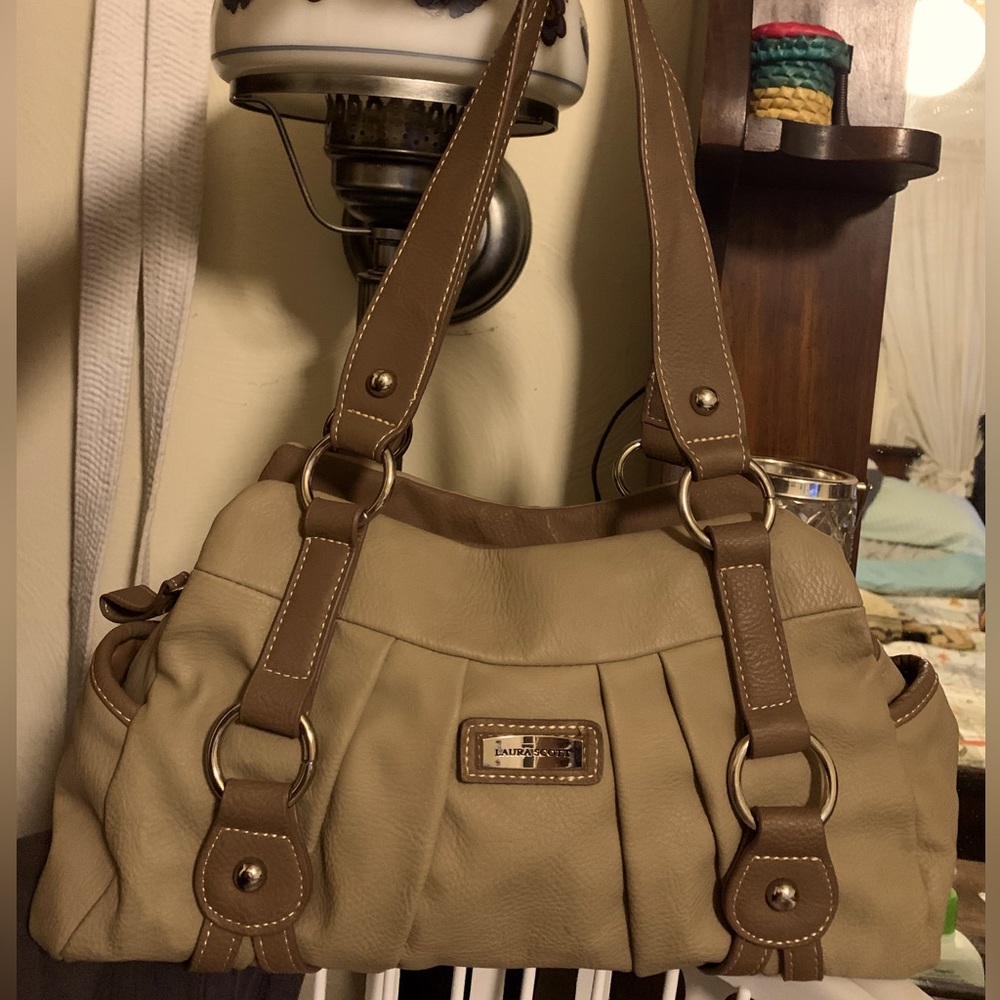 Laura Scott bag purse satchel 2 tone tan/brown vegan leather